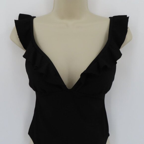 J Crew Women 2 Solid Black Puckered One Piece Swimsuit Ruffle Straps V Neck - Picture 2 of 11